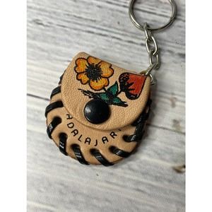 Vintage Guadalajara Miniature Leather Change Purse Flower Keychain